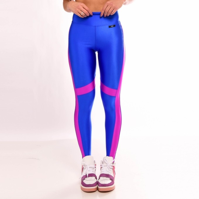 Calça Legging Fitness Gloss Faixa Lateral Azul E Rosa